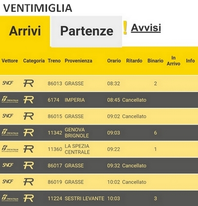 Ventimiglia cartello arrivi treni