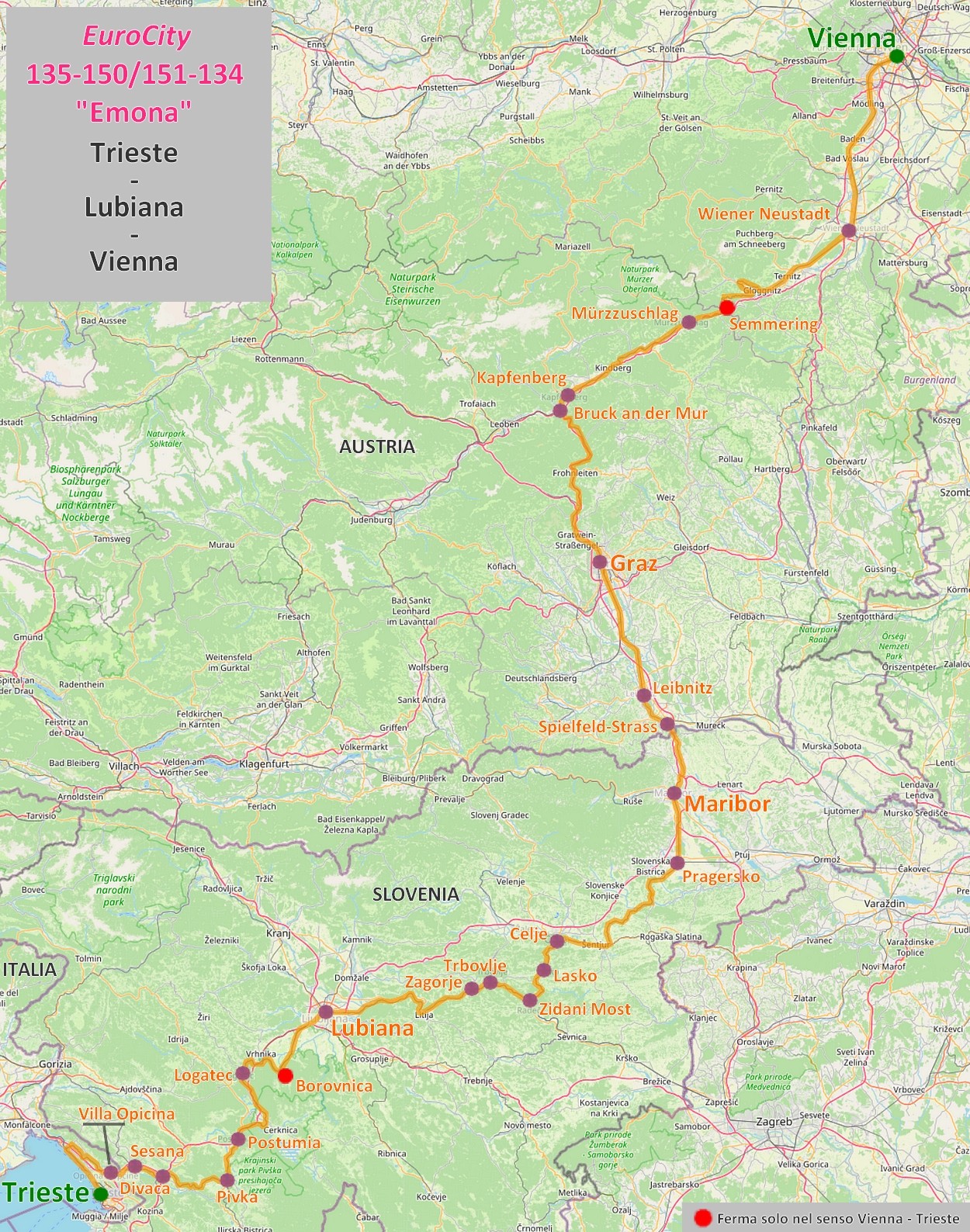 Mappa EuroCity "Emona" Trieste - Lubiana - Vienna Mappa EuroCity "Emona" Trieste - Lubiana - Vienna
