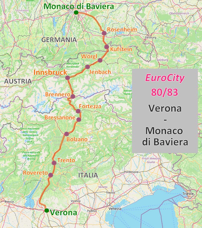 Mappa EuroCity 80/83 Verona - Monaco di Baviera Mappa EuroCity 80/83 Verona - Monaco di Baviera